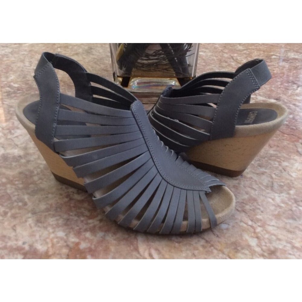 Camper Rachael Gray Strappy Leather Wooden Wedge Sandals Size 38/US 8 EUC! $195